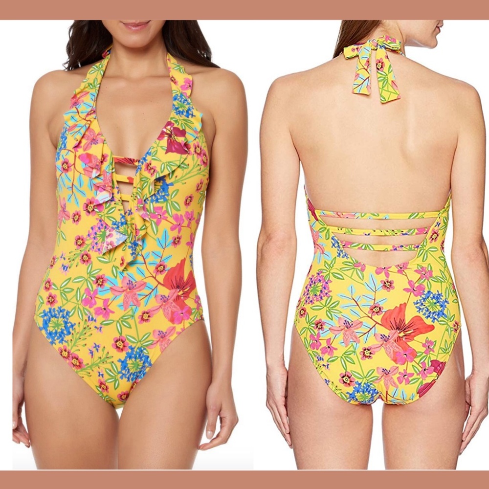 NEW Bleu Rod Beattie Magic Garden Plunge Ruffle One‎ Piece Swimsuit [SZ 12 ]